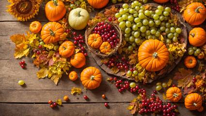 Pumpkin, grapes, sunflower flower on old background