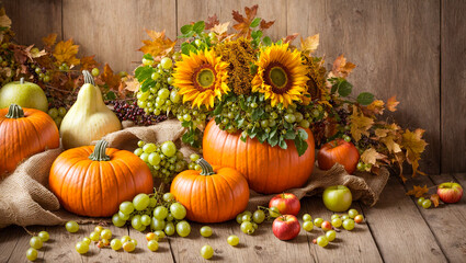 Pumpkin, grapes, sunflower flower on old background