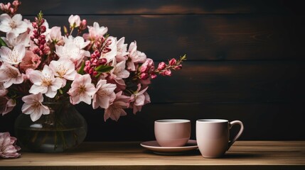 Naklejka na ściany i meble pink flower with tea cups