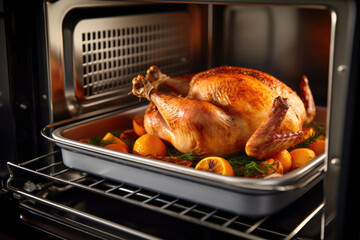Thanksgiving turkey in the oven for Thanksgiving Day or Christmas Dinner. Cooked at home with herbs and oranges. 