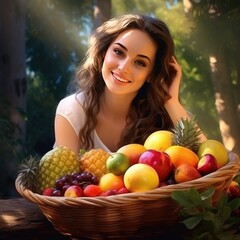 Portrait of a young beautiful girl surrounded by fruit