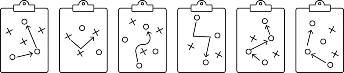 Set of clipboard game plan icons. Football coach strategy board. PNG - obrazy, fototapety, plakaty