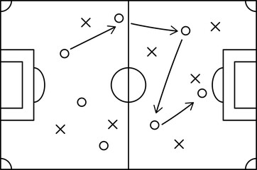 Soccer field strategy game plan. Diagram with arrows and players on board. Sport concept. PNG