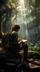 young man in the middle of the forest, drawing botany and taking notes, biologist, light entering through the treetops