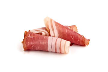 Dry Spanish ham, Jamon Serrano, Bellota, Italian Prosciutto Crudo or Parma ham, isolated on white background.