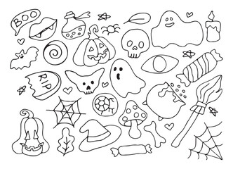 Set of black and white images for Halloween. Pumpkin, Skull, Ghost, Gravestone, Spider, Candy, Broom, Hat, Eye, Potion, Bone, and more. Happy holiday. All objects are separated. Vector illustration.