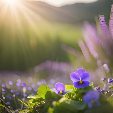 Flower bed with Common violets (Viola Odorata) flowers in bloom, traditional easter flowers, flower background, easter spring background.AI generated