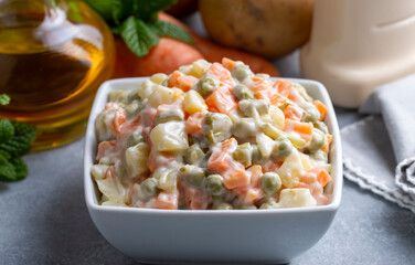 Russian salad, Olivier salad with mayonnaise and egg served (Turkish name; Rus salatasi)