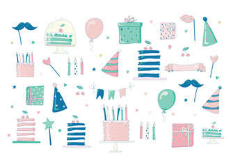 Cakes, gifts, candles, balloon, flags, ribbon for an inscription, greeting card, party caps. Set of items for the holiday isolated on a white background. Vector illustration.