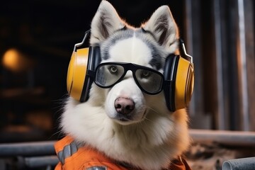 A husky dog wearing protective headphones and glasses on a construction site.  