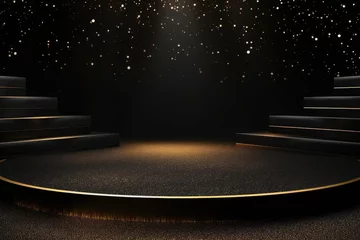 Foto op Plexiglas Black podium product stage with spotlight and golden glitter background. © Virtual Art Studio