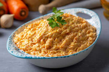 Traditional delicious Turkish foods; Fresh carrot salad with garlic yogurt in bowl. ( Turkish name; havuc tarator)