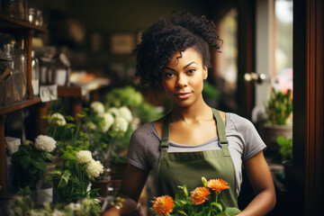 Young black woman standing in flower store and looking at camera