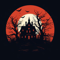 Creepy Haunted House Silhouette in Retro and Vintage Art Style on Black Background - in Circular Shape with Red Color Tones - Halloween Concept