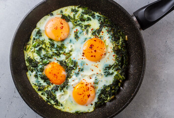 Turkish Food Spinach with Egg. Turkish name; ispanakli yumurta