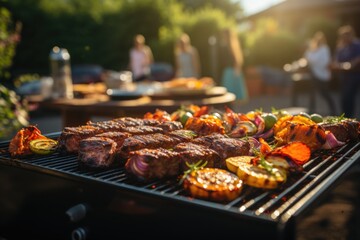 Grilling hot barbecue meat at a vibrant summer cookout in a yard party. Generated AI