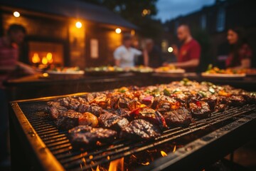 Barbecue grill, fire, delicious meal, outdoor cooking, flavorful feast. Generated AI