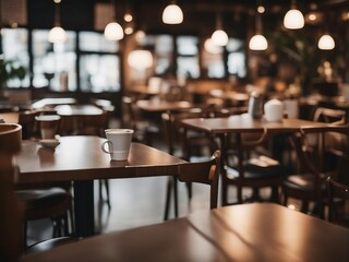 Coffee shop interior with rustic wooden counter and lights on blurred background