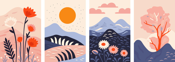 Set of abstract landscape banner collection. Trendy flat art style backgrounds, mountain travel scenery. Nature environment poster, sunset view design.