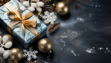 Obraz na płótnie Canvas white Christmas presents on black concrete background,flat lay,top view,minimalism.