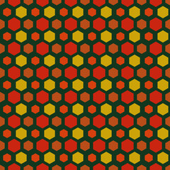 Repeated color figures on green background. Stylized honeycomb wallpaper. Seamless surface pattern design with hexagons. Mosaic motif. Digital paper for page fills, web designing, textile print.