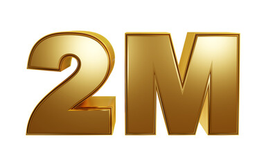 Golden 2M isolated on transparent background.  3D rendering 2 Million followers or subscribes or likes