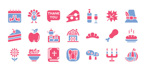 Thanksgiving flat two color icons set. The element collection includes be used in social media posts, web design, app design, and more.