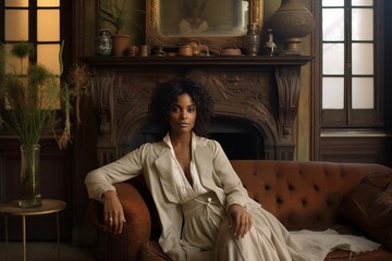 a photo of a gorgeous young african woman sitting on a couch in a luxurious posh living room, parisian style interior with tall windows, white paneled walls, fireplace, golden sophisticated decoration