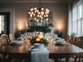 Modern dining room interior with chandeliers and lights