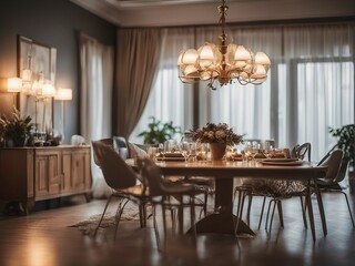 Modern dining room interior with chandeliers and lights