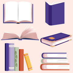 Set of various books. They are open and closed, lying in groups and individually. Vector illustration.