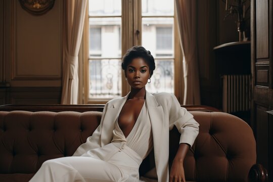 a photo of a gorgeous young african woman sitting on a couch in a luxurious posh living room, parisian style interior with tall windows, white paneled walls, fireplace, golden sophisticated decoration
