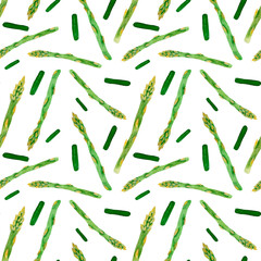 Watercolor seamless pattern with various green asparagus on a white background. For various food products, wrapping, etc