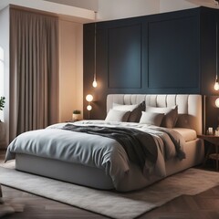 The interior of a modern and minimalist double bedroom - obrazy, fototapety, plakaty