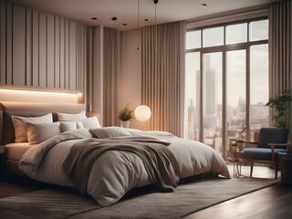The interior of a modern and minimalist double bedroom - obrazy, fototapety, plakaty