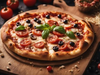 Photography of pizza on the table with delicious ingredients