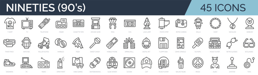 Set of 45 outline icons related to 90s, nineties. Linear icon collection. Editable stroke. Vector illustration