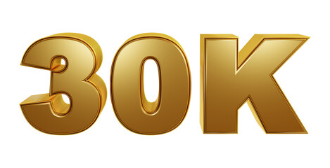 30K celebration golden isolated on transparent background for followers or subscribes or likes
