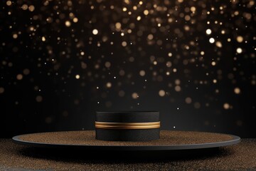 Black podium product stage with spotlight and golden glitter background.