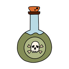 Simple hand drawn poison bottle with skull and bones mark on the label. Cute doodle with outline of toxic, dangerous chemical liquid. Alchemy or magician beverage elixir in the flask or jar.