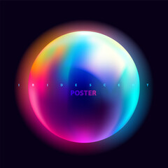 Glass 3D sphere. Iridescent colorful ball on dark background. Minimalistic geometric shape for your design.