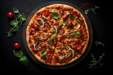 Fototapeta na wymiar pizza with tomatoes, mushrooms and spinach on a dark wood table background.