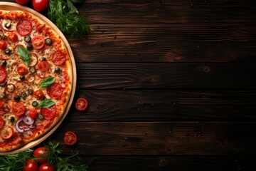pizza with tomatoes, mushrooms and spinach on a dark wood table background.