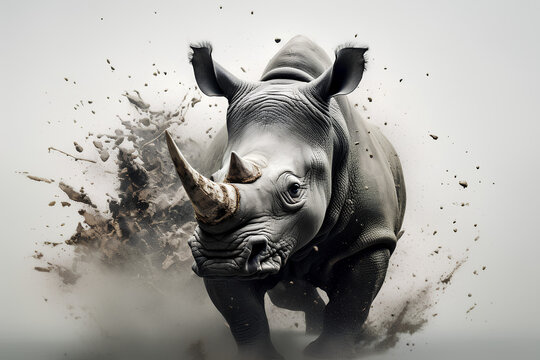 Rhino with big gray splash in the background, running toward the camera, AI GENERATED