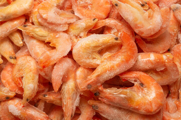 Fresh shrimps in ice. Top view.