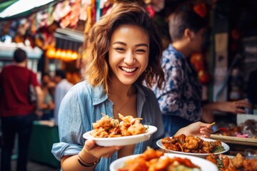 Local Cuisine Tasting Model trying local street food - stock photography - obrazy, fototapety, plakaty