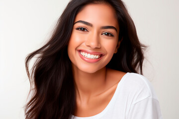 Naklejka premium closeup of a beautiful young asian indian model smiling with clean teeth.ideal for dental ad advertising. isolated on white background