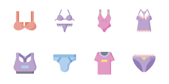 Lingerie flat icons set. Bras types, woman underwear, maternity bra, chemise, swimwear, corset vector illustrations. 
