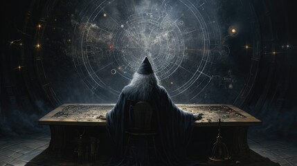 rear view of one astrologer in dark. Stargazer and Astrology. - obrazy, fototapety, plakaty