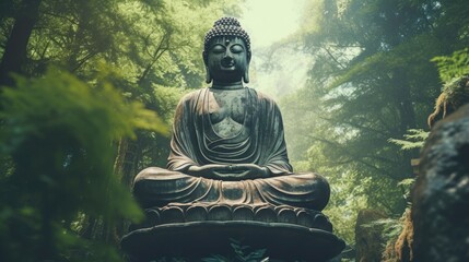 Buddha statue in the forest, Vintage color tone.